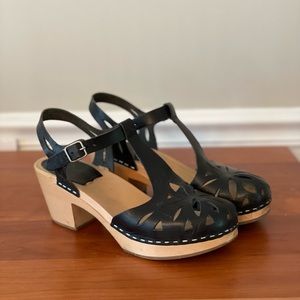 Swedish Hasbeens Black Leather Mules